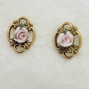 Vintage 1928 Gold and Pink Porcelain Rose Earrings